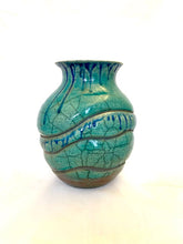 Load image into Gallery viewer, Turquoise Raku Vase With Weeping Cobalt