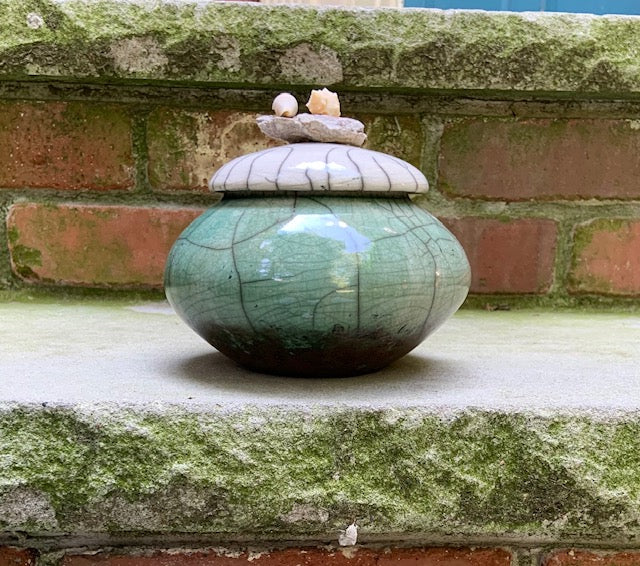 Raku Pet Urn in Turquoise, Copper, and White