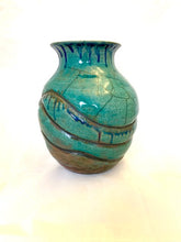 Load image into Gallery viewer, Turquoise Raku Vase With Weeping Cobalt
