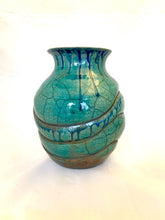 Load image into Gallery viewer, Turquoise Raku Vase With Weeping Cobalt

