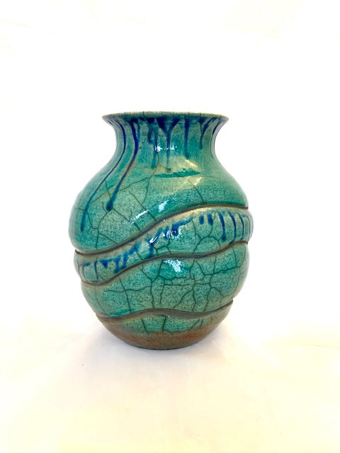 Turquoise Raku Vase With Weeping Cobalt
