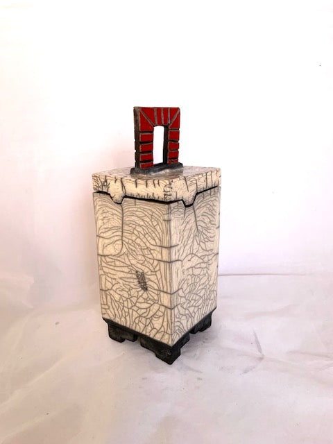 Pet Urn--White and Red Raku Box