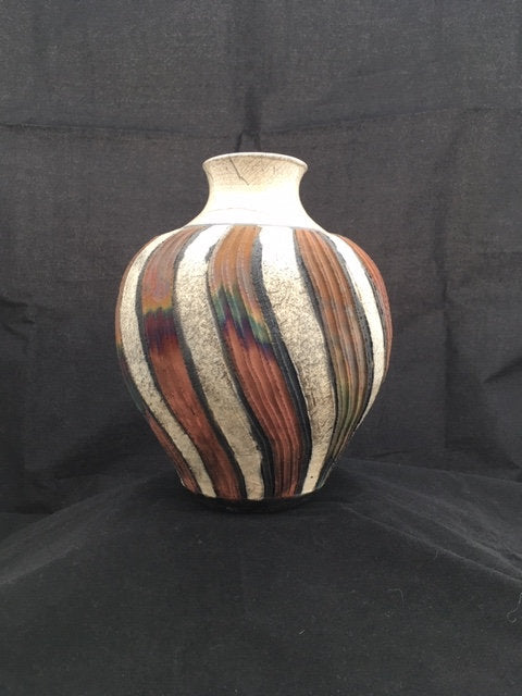 Raku Vase With White and Copper Stripes